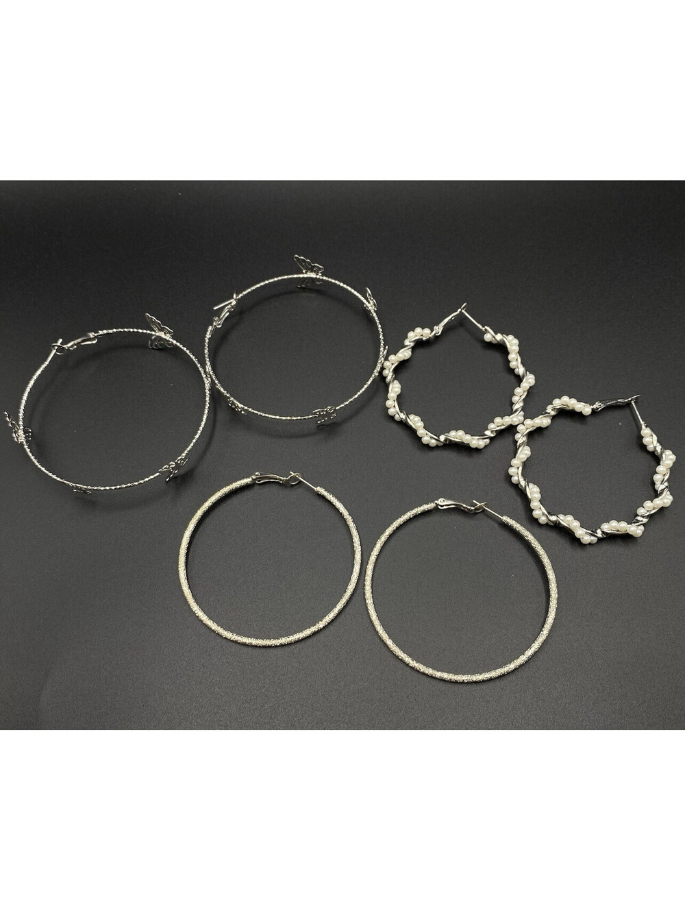 Lot of 3 Silver-Tone Elegant Round Hoop Earrings Hinged Lock Butterfly Bundle